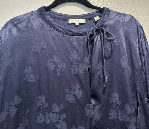 Vince Midi Dress Women’s Large Navy Satin Jacquard Floral Print Long Sleeve READ - Picture 2 of 8