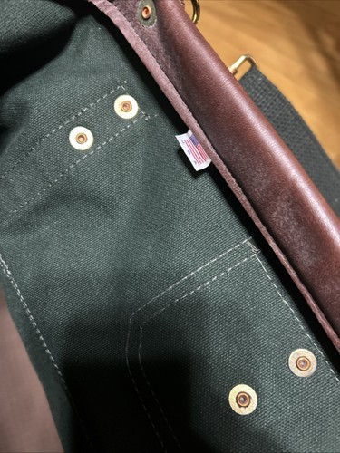 JW Hulme Co Tote Bag Canvas Green Leather Duffle Handles USA App 24x13x14 - Picture 10 of 10