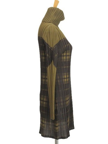 ISSEY MIYAKE PLEATS PLEASE Turtleneck Cut and Sew Tunic Check Print 3 Brown Tops - Picture 3 of 4