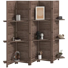 Wood Mobile Folding Privacy Screen, Room Divider with Shelves, Walnut