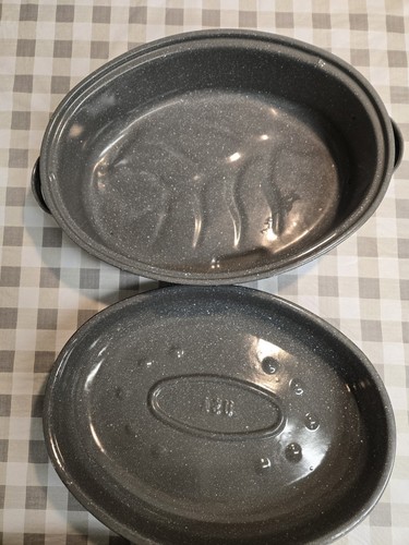 Vintage Speckled Enamelware Roaster/Turkey Pan w/ Dome Lid Extra Large Oval USA  - Picture 8 of 17