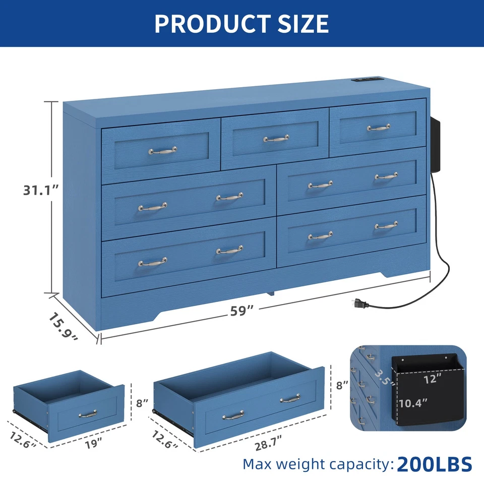 Farmhouse 7 Drawer Blue Dresser 59 in Large Modern Dresser TV Stand for Bedroom - Image 4 of 4