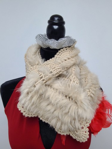 68" Elegant and Beautiful  Beige Real Rabbit Fur Knitted  Scarf - Picture 2 of 7