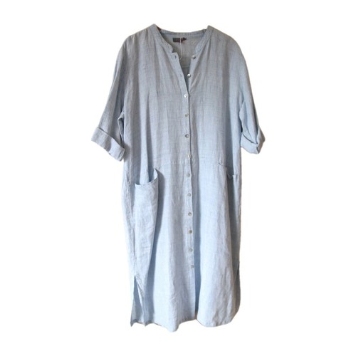 SAHARA 100% Linen Relaxed Fit Pocket Pale Blue Long Shirt Dress Size XL Perfect