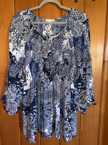 SPENSE Women's Blouse Tunic Blue & White Texture Pleat Ruffle 3/4 Sleeve Size 1X - Picture 2 of 8