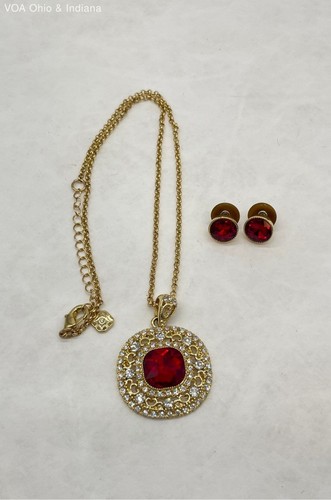 Monet Goldtone With Red & White Rhinestone Statement Necklace &Stud Earrings Set - Picture 2 of 8