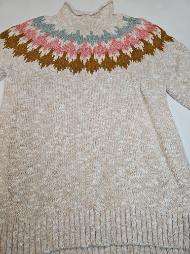 LL Bean Sweater Women’s M Beige Funnel Roll Neck Fair Isle Cotton Outdoor - Picture 2 of 4