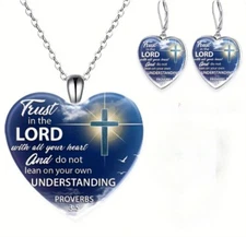Lovely Religious Blue Heart Pendant Necklace and Earring Set "Trust In The Lord"