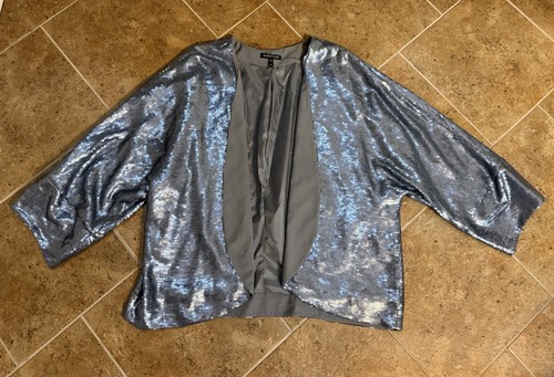 Eileen Fisher Silver Sequin 100% Silk Open Front Jacket Size Women’s XL