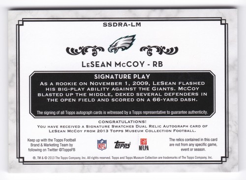 2013 Topps Museum Collection LeSean McCoy Auto Signature Swatches Dual Relic /55 - Picture 2 of 2