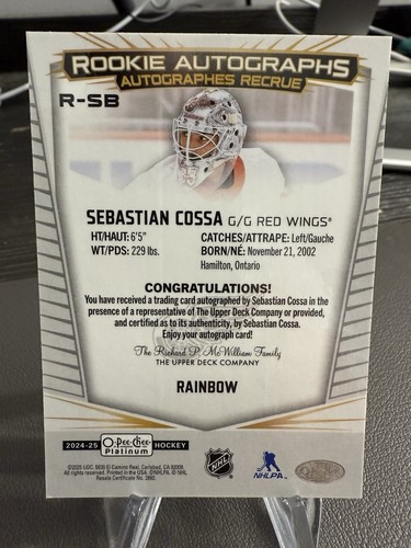 Sebastian Cossa 2024-25 UD O-Pee-Chee Platinum Rookie su scheda Auto #R-SB - Foto 2 di 2