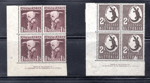 AUSTRALIA:  1948, ANIMALS, BULL AND CROC.  MNH BLKS OF FOUR. NO WMK.