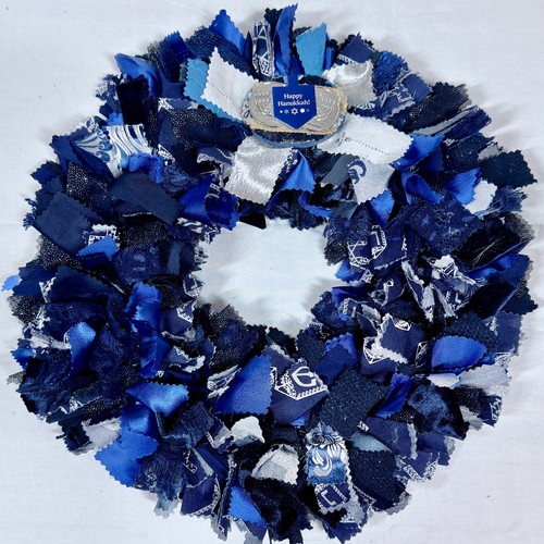 HANUKKAH RAG WREATH HANDCRAFTED DOOR WALL DECORATION 12" HOLIDAY DECOR GIFT - Picture 1 of 4