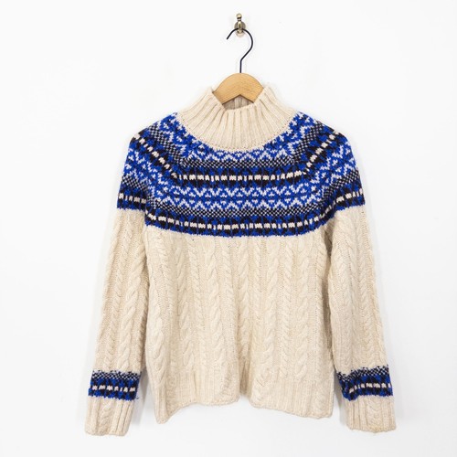 M&S Fair Isle Pullover Zopfmuster Gr. M 12 14 creme blau Scandi Nordic Knit