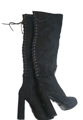 Forever 21 Boots New Womens Black Thigh High Platform Lace Up Side Zipper No Box - Bild 7 von 9