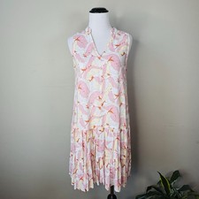 Nine West Size XS Sleeveless Pink White Leaves Ruffle Tiered Shift Dress