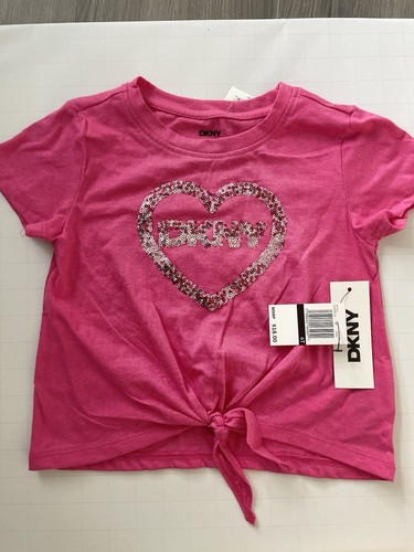 DKNY Sparkle Heart Logo Tee Shirt Girls Size 2 Pink Tie Front Short Sleeve Nwt - Picture 6 of 9