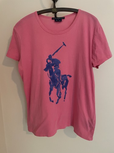 Ralph Lauren Sport Damen Large Pony T-Shirt Hot Pink mit blauem Pony Größe L