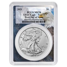2021 $1 1-oz T-2 American Silver Eagle PCGS MS70 FDOI Eagle Frame