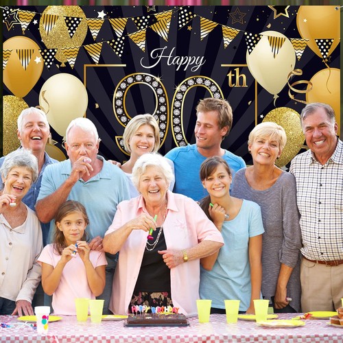 Happy 90th Birthday Backdrop Banner Extra Large Black and Gold 90th Birthday - Picture 4 of 7