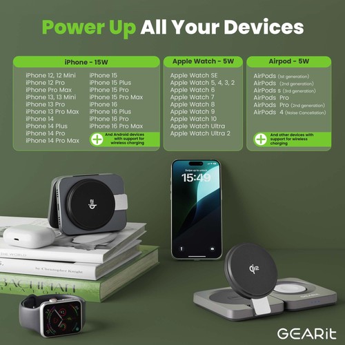 Stazione di Ricarica Wireless 3 in 1 - Qi2 MagSafe Supporto di Caricabatterie per Telefono, Orologio... - Foto 3 di 9
