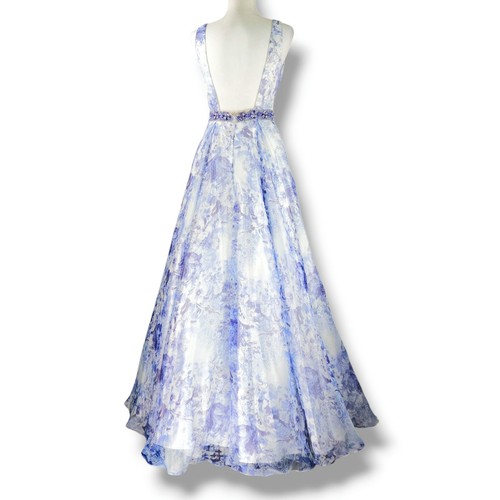 Clarisse Floral Organza Ball Gown Plunge Neck Open Back Beaded Belt Purple 4 - Picture 4 of 13