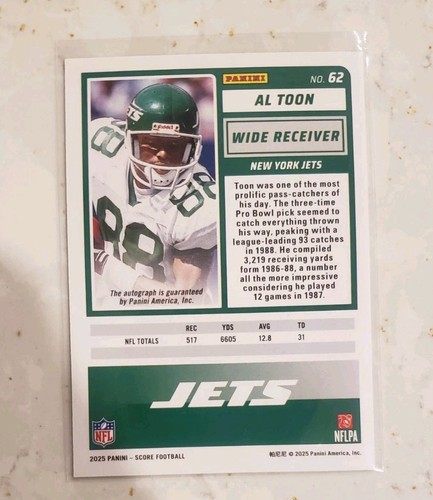 Tarjeta automática Score Al Toon New York Jets 2025 #62 - Imagen 2 de 2