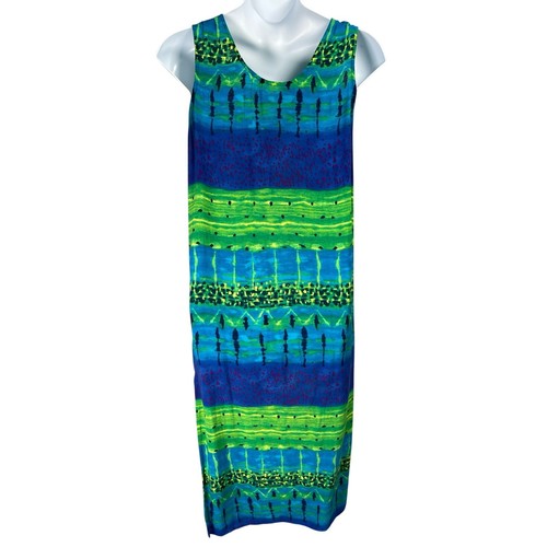 Vintage SL Fashions 2pc Maxi Dress and Jacket Top 16 Rayon Green Blue Abstract - Picture 8 of 13