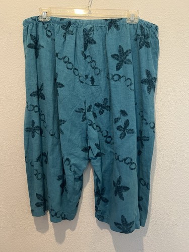 Hot Cotton Teal Linen Capri Pants/Bermuda Shorts Wide Leg Aloha Print Sz 3X NWT - Picture 3 of 6