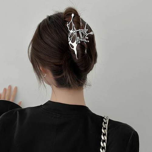 Large Claw Clip Y2K Metal Geometric Shark Clamp Silver Korean 1 Pc - Picture 4 of 21
