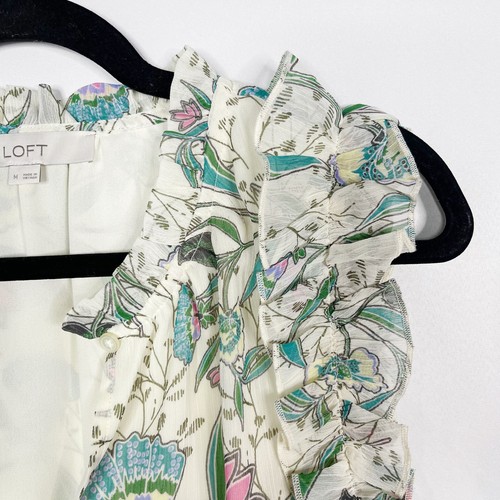 LOFT Medium M creme blau Blumen Rüschen Split Neck Shell Tank Top ärmellos - Bild 3 von 9