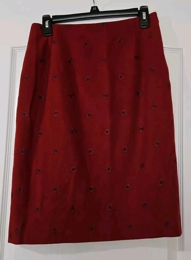 Falda Lápiz Burberry Lana Cachemira Angora Talla 8 Roja Hecha en Italia Forrada abertura