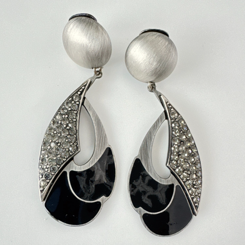 Vtg Edgar Berebi Clip-on Dangle Earrings Black Enamel Silver Tone w/ Rhinestones - Bild 2 von 13