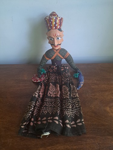 Vintage Hand Made Carved Wood & Cloth Indian Puppet Doll w/ King & Queen faces.