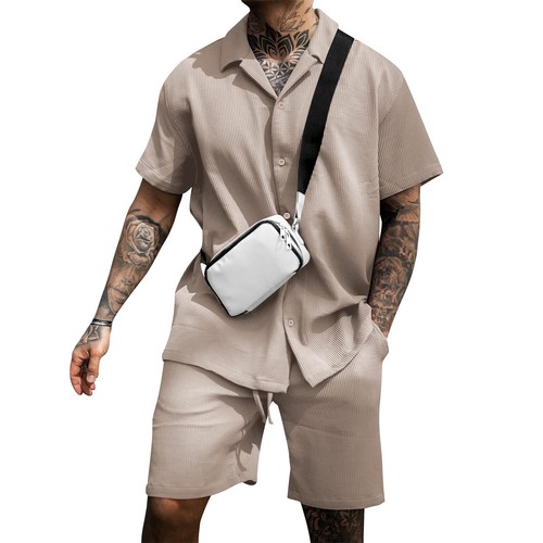 Mens Short Sleeve Button Shirts and Shorts Summer Outfit 2-Piece Set Sweatsuit - Picture 9 of 19
