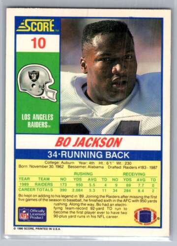 1990 Score #10 Bo Jackson Raiders - Picture 2 of 2