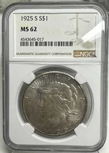 1925 S $1 Silver Peace Dollar NGC MS62 Key Date Coin