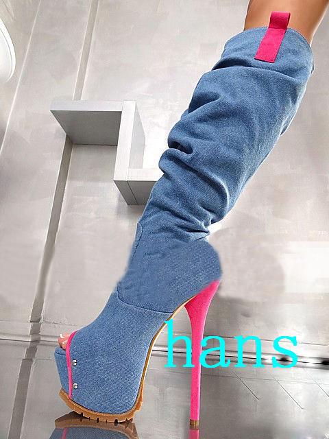 Denim Mujer T-Stage Show de la rodilla botas altas 5.7 Stiletto Plataforma Puntera Abierta Tire De Denim Mujer Mujer Mujer T-Stage Show de la rodilla botas altas 5.7 Stiletto Plataforma Puntera Abierta Tire De 583d4b