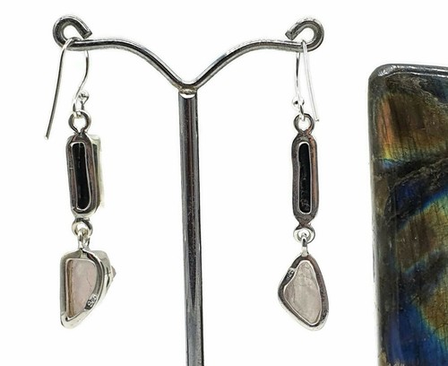 Raw Rose Quartz & Black Tourmaline Earrings, Sterling Silver, Rough Gemstones - Picture 7 of 10