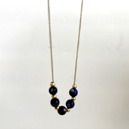 14K Yellow Gold Round Bead & Lapis Lazuli Beads 1/20 12kGF Gold Chain Necklace - Picture 4 of 5