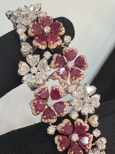 Stunning 31.38 Cts Heart Round Shape Diamonds Real Ruby Tennis Bracelet 14K Gold - Picture 10 of 14