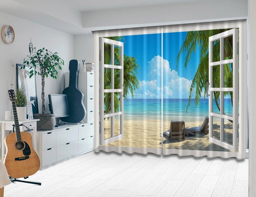 3D Blockout Drapes Fabric Tropical Beach Sea Window Decor Photo Printing Curtain - Picture 2 of 7