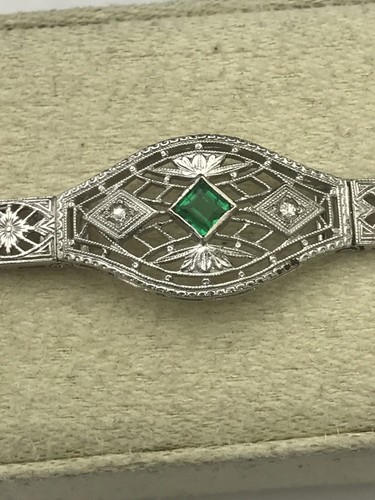 Vintage Art Deco 14k White Gold Emerald Diamond Filigree Bracelet 7.75” - Picture 2 of 8