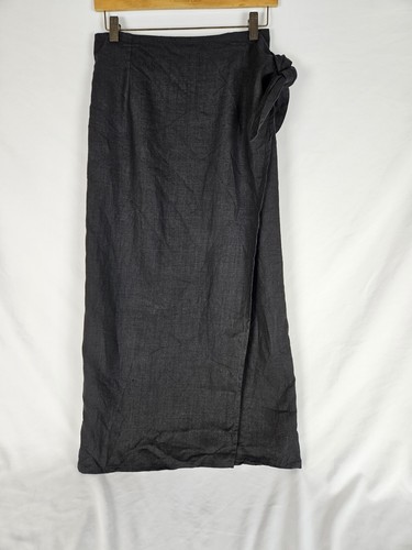 VTG 80s Breeches Black 100% Linen Real Wrap Midi Skirt Womens Size Medium