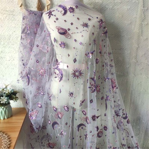 Shiny Sequins Star Moon Embroidery Lace Mesh Fabric Bridal Dress Material DIY 1Y - Bild 8 von 11