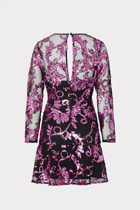 Mini Vestido MILLY Negro Rosa Lentejuelas Paisley Malla Transparente Manga 3/4 Cuello en V 8 EE. UU. = M Foto 2 de 4