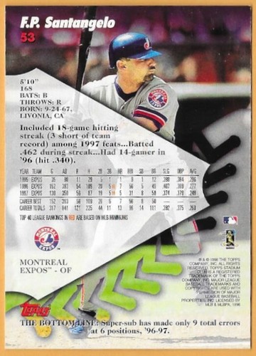 F.P SANTANGELO MONTREAL EXPOS #53 - TOPPS STADIUM CLUB CASI NUEVO-MT 1998 - Imagen 2 de 2