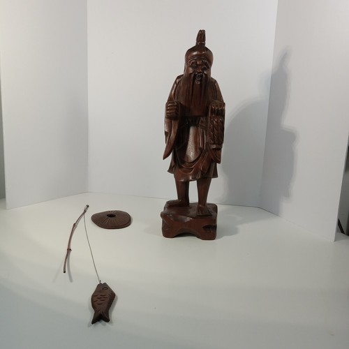 Handgeschnitztes Sammlerstück Holz chinesischer Fischer Vintage Statue/Figur 12" hoch - Bild 8 von 9