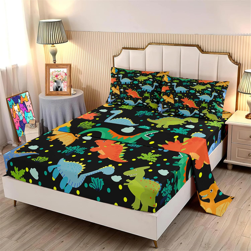 3Pcs Boys Dinosaur Sheet Set - Cute Cartoon Black Dinosaur Twin Bedding Sets for - Picture 11 of 12
