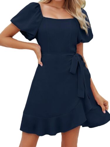Womens Summer Dresses Square Neck Puff Sleeve Tie Waist Casual Mini Short Dress - Picture 12 of 12